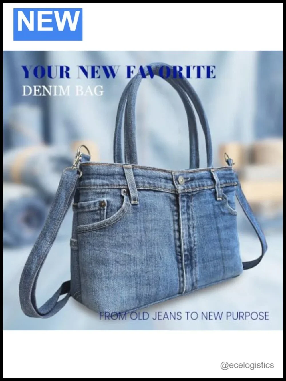 Upcycled Denim Satchel Handbag 3 Compartment Purse Top Handle Shoulder Strap